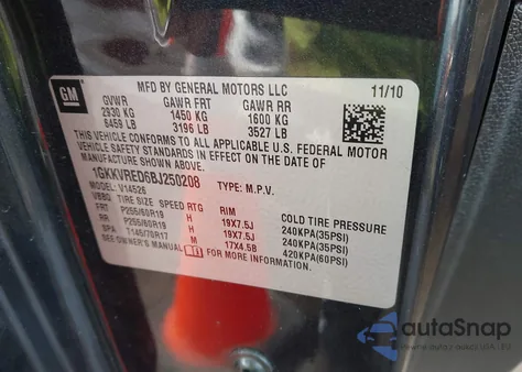 2011 GMC Acadia Slt-1 from USA, damaged, VIN 1GKKVRED6BJ250208